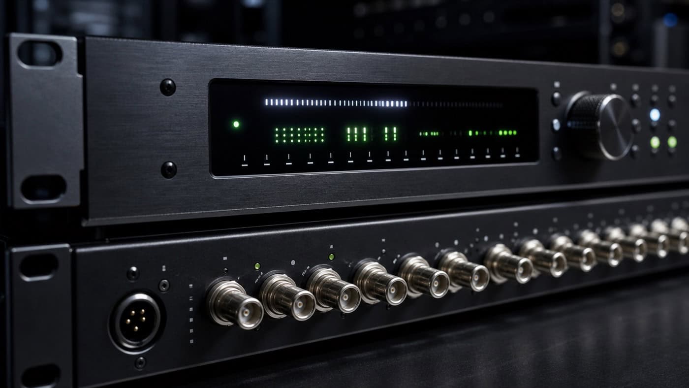 Makro-Aufnahme eines professionellen Audio-Clock-Generators mit LED-Frequenzanzeige und BNC-Wordclock-Anschlüssen im Studio-Rack.