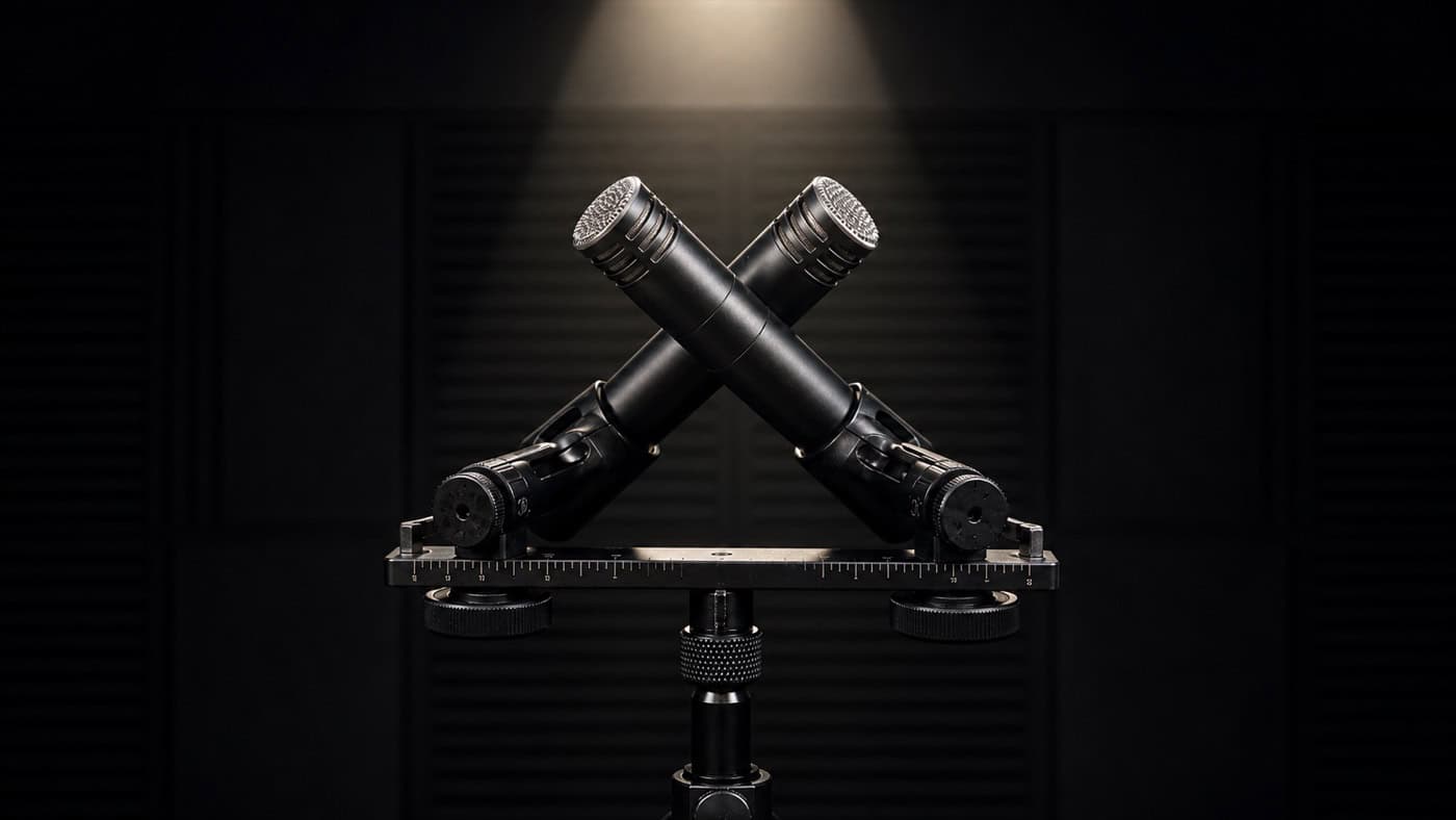 XY-Stereo-Mikrofon-Paar auf Stereo-Bar mit symmetrisch angewinkelten Kapseln unter warmem Studio-Spotlight auf dunklem Akustikpanel-Hintergrund.