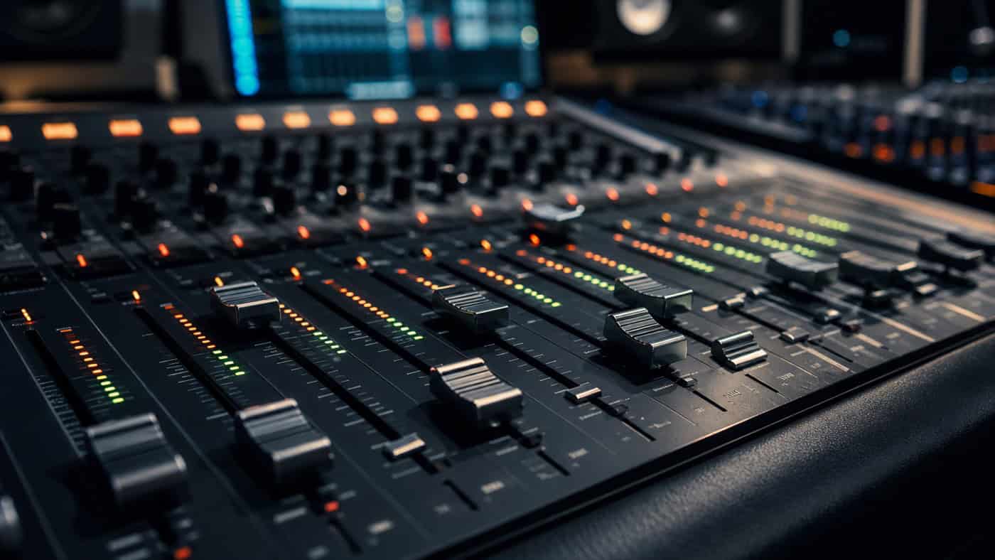 Profi-Mischpult mit leuchtenden Kanalmetern und Fader-Reihe in einem professionellen Recording-Studio.