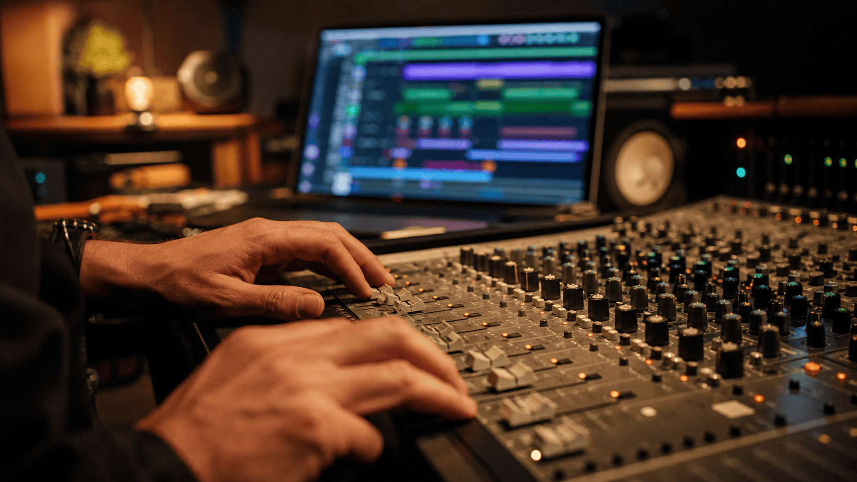 Hände an den Fadern eines Mischpults, im Hintergrund ein KI-Musik-Interface – Hybrid-Produktion