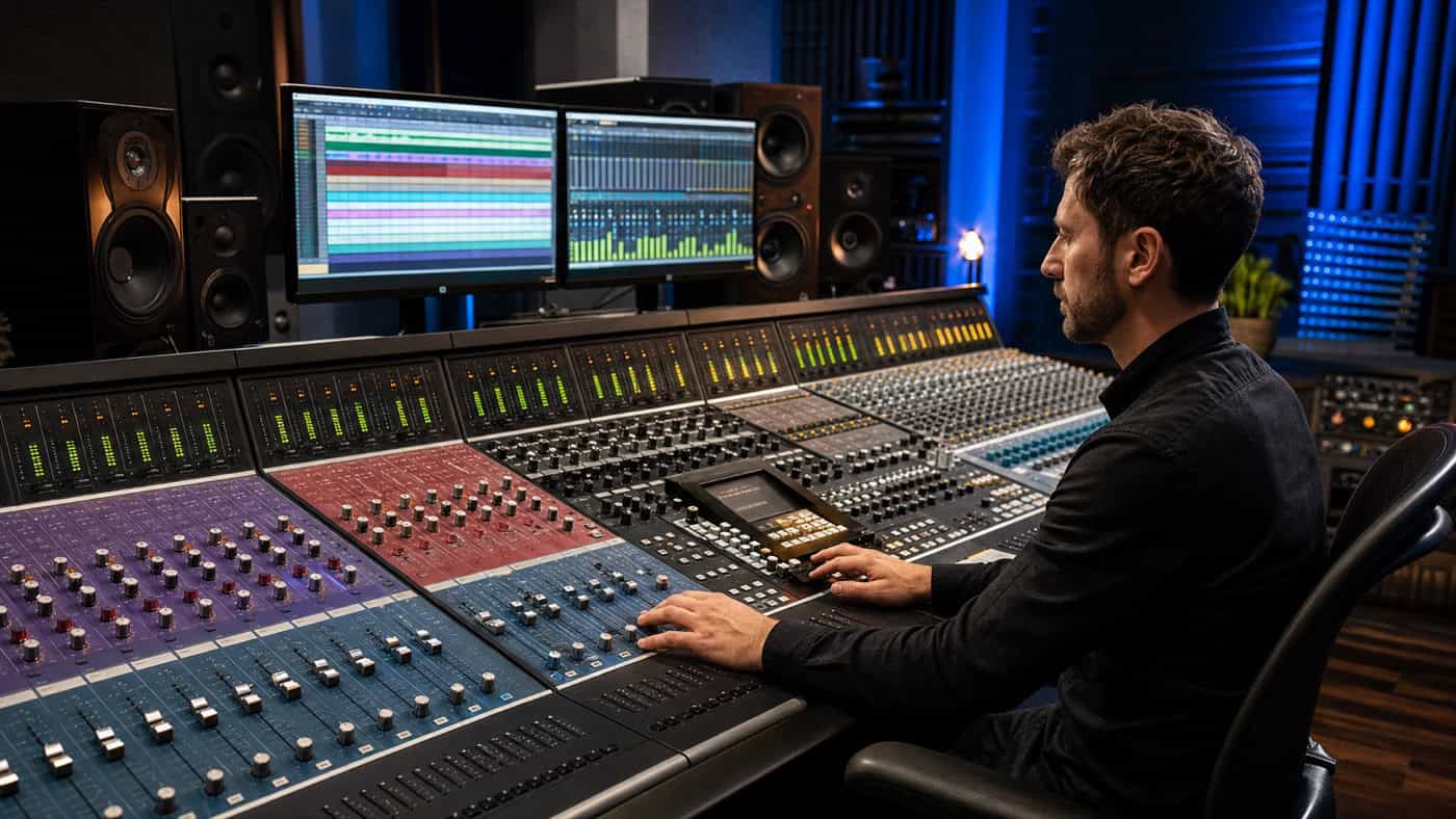 Mixing-Engineer mit mehreren Stem-Spuren auf der Mischkonsole, geordneten Fadergruppen und Metern im warm-kühlen Studioambiente.