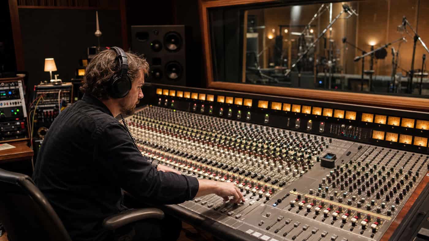 Profi-Tontechniker mit Kopfhörern am großen Analogmischpult während einer Live-Session unter warmem Tungsten-Studiolicht.