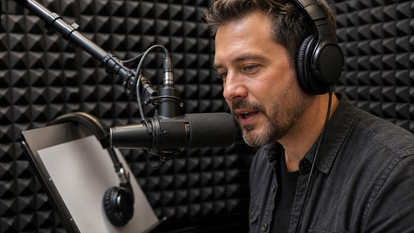 Professioneller Voice-over-Sprecher am Broadcast-Mikrofon in einer kompakten Akustikbox mit Kopfhörer und Skripthalter.