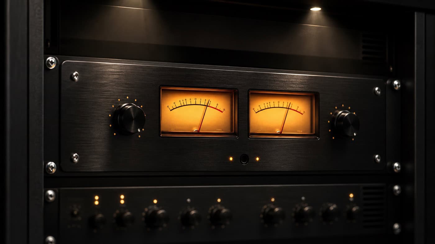 Analog rack unit with illuminated VU meter needles under warm studio light.