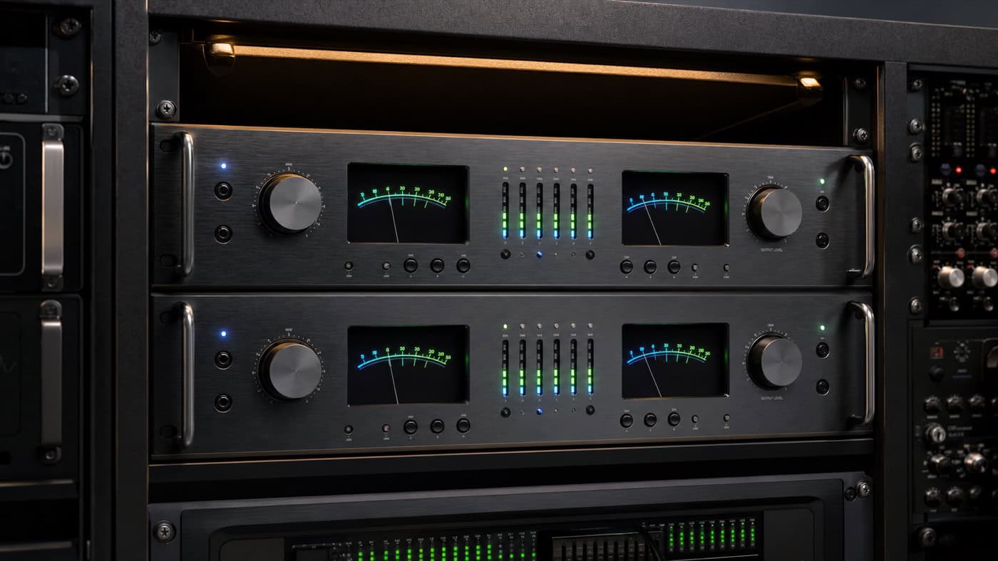 Hochwertige AD/DA-Wandler-Einheiten im Studio-Rack mit grünen und blauen Signalmeter-Anzeigen unter warmem Umgebungslicht.