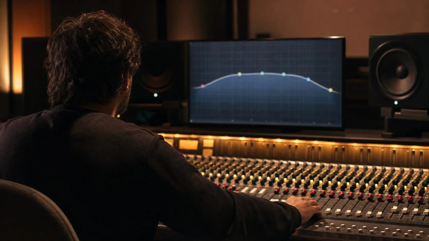 Mixing ad-libs: Engineer at the console with EQ curve for the ad-lib chain