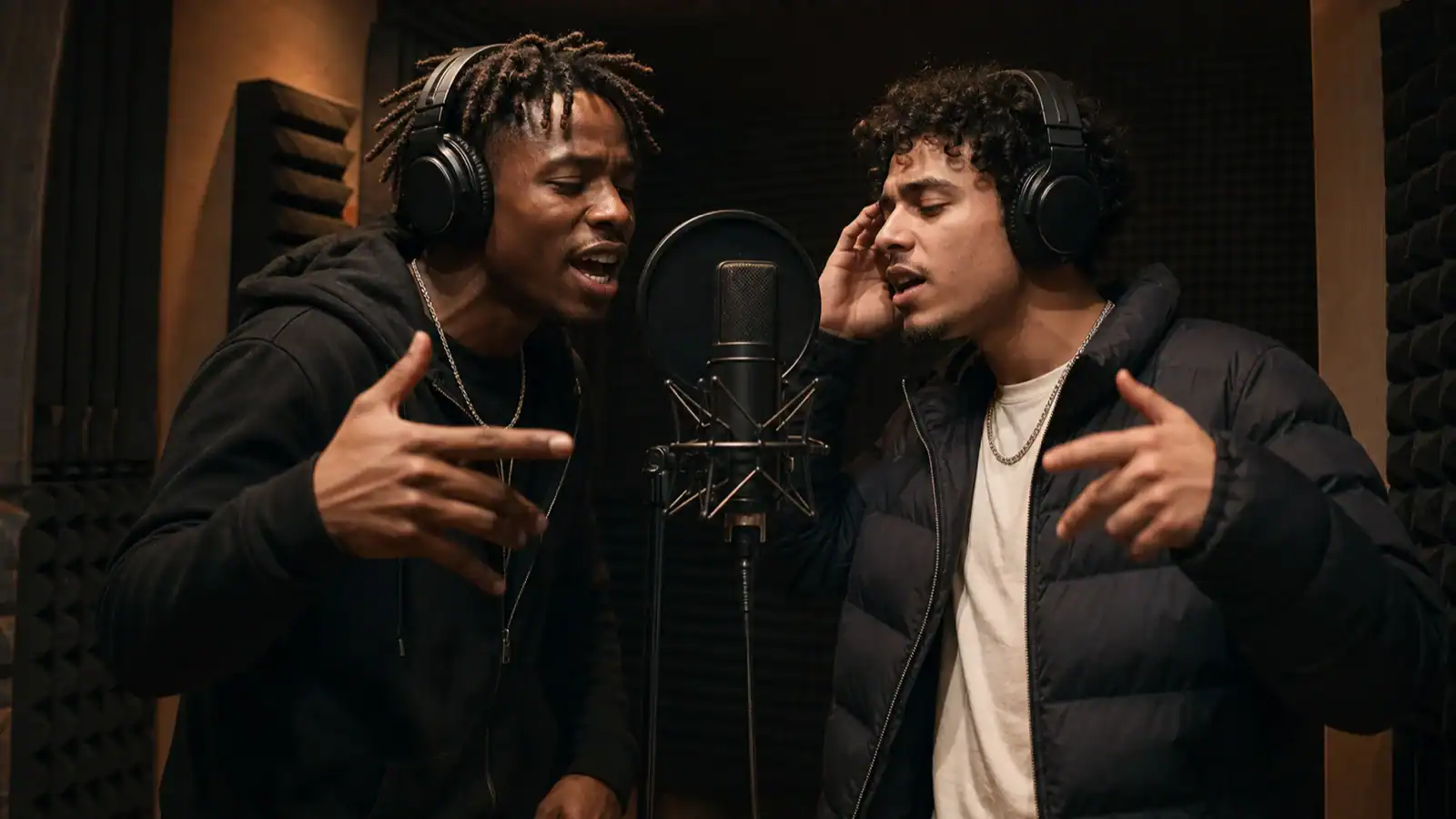 Recording ad-libs: Two rappers double up on interjections together in the vocal booth.
