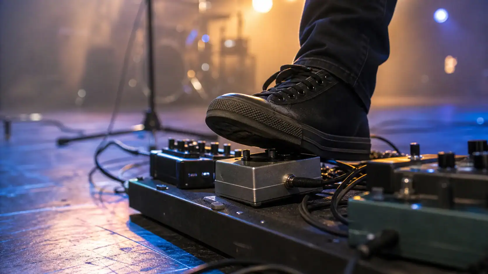 Flanger w praktyce: stąpanie stopą po pedale efektowym na pedalboardzie