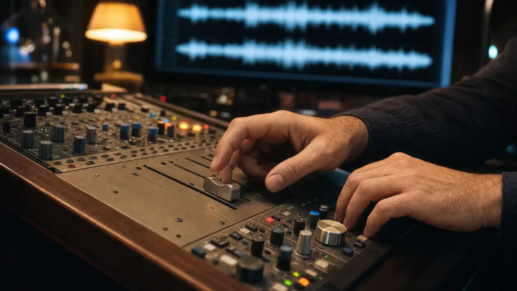Mastering von KI-Songs: Hände am Fader eines analogen Mastering-Pults (KI-generierte Illustration)