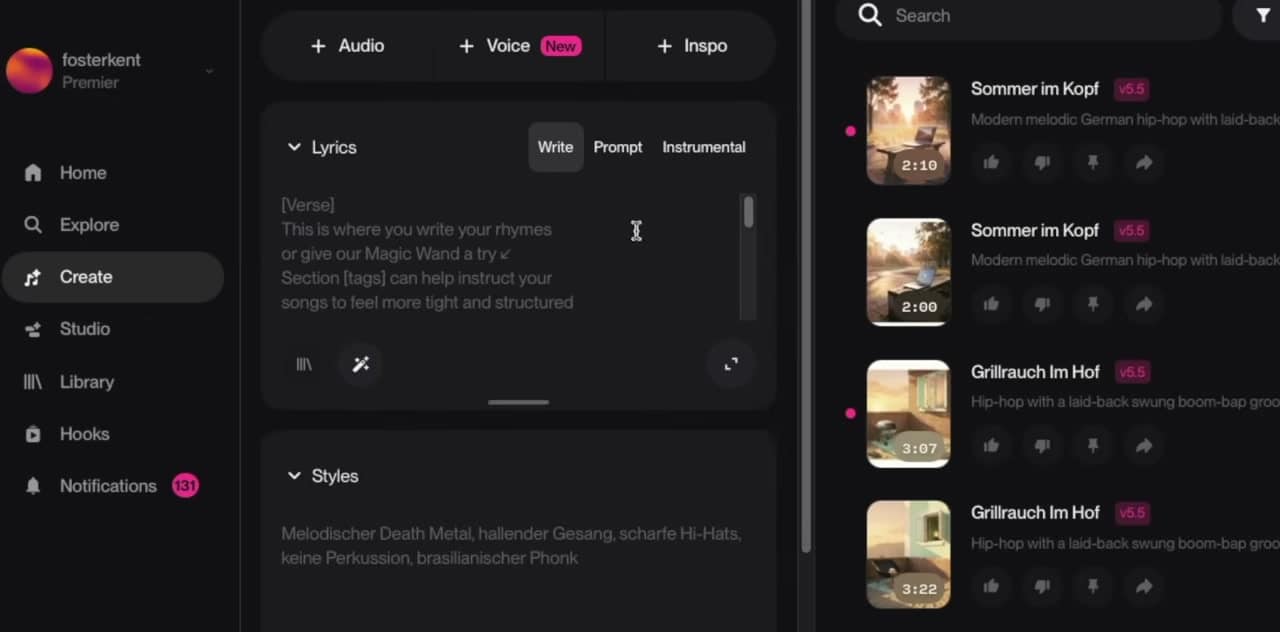 Suno Advanced Mode mit Lyrics- und Styles-Feld