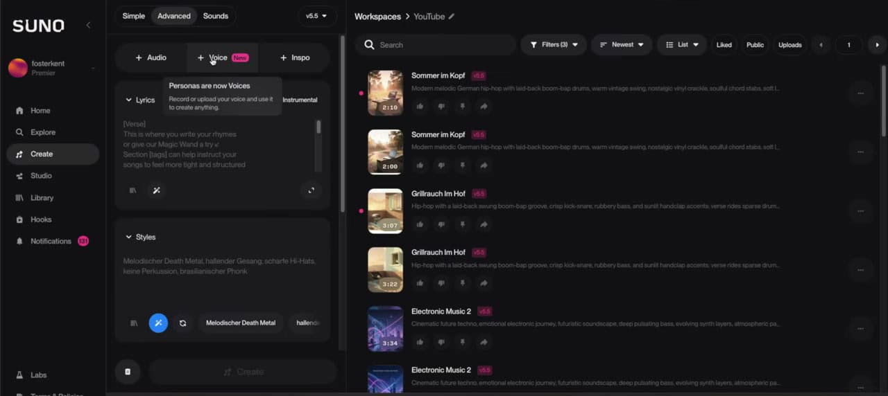 Voice- und Personas-Funktion im Create-Bereich