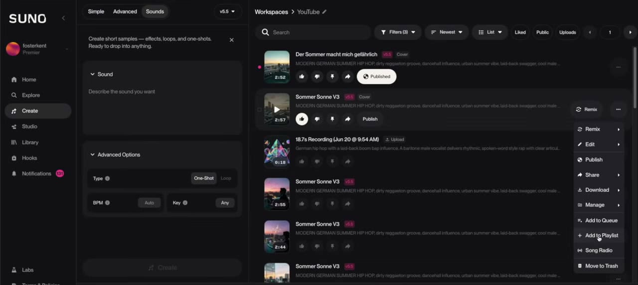 Sounds-Modus und Remix-Menü mit Cover und Mashup