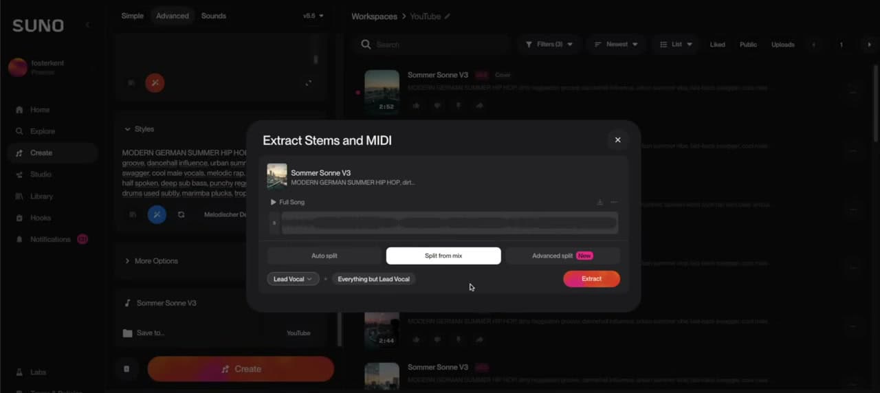 Suno Extract Stems and MIDI Dialog mit Split-Optionen