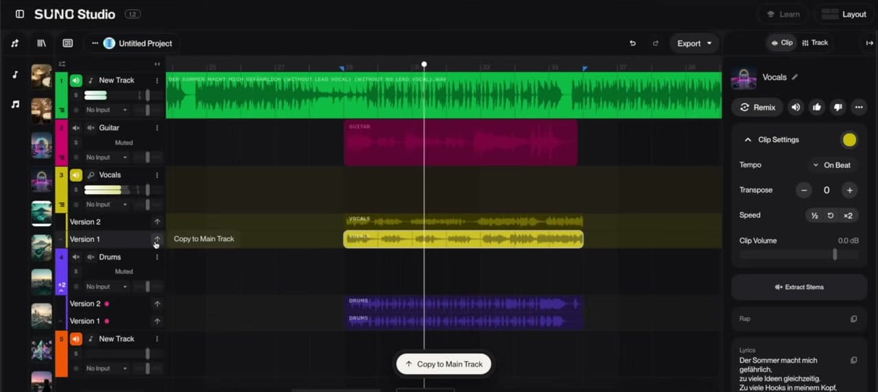Podcast erstellen – Multitrack-Editor mit farbigen Gitarren-, Vocal- und Drum-Sp
