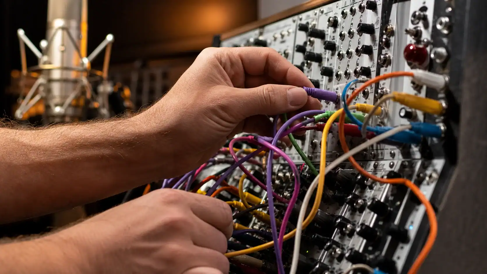 Vocoder setup: Patch cable connected to the modular synthesizer, microphone in the background