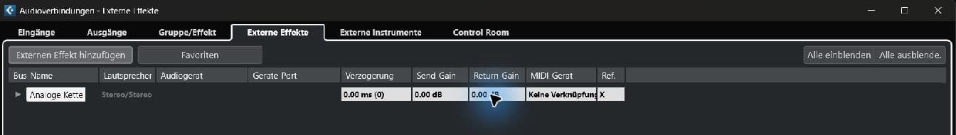 Cubase-Dialog Externe Effekte mit Send Gain 0,00 dB und Return Gain 0,00 dB für die analoge Messschleife